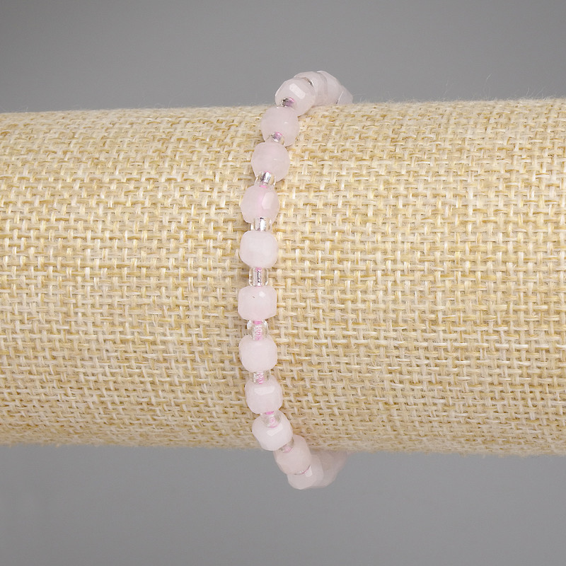 Rose Quartz Faceted Cube Bracelet, Diameter 5x5mm+/-, Seed Beads 3mm+/-, Length 18cm+/- Stretch