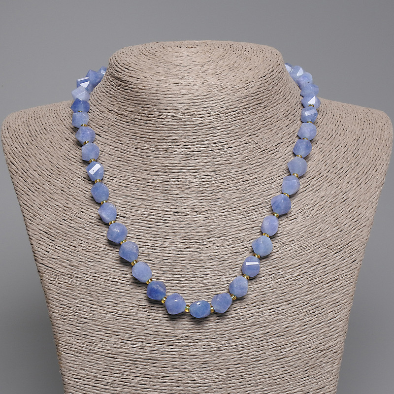 Aquamarine Necklace, Faceted Rhombus, Diameter 9x8mm+/-, Seed Beads 3mm+/-, Length 45cm+/- with Clasp