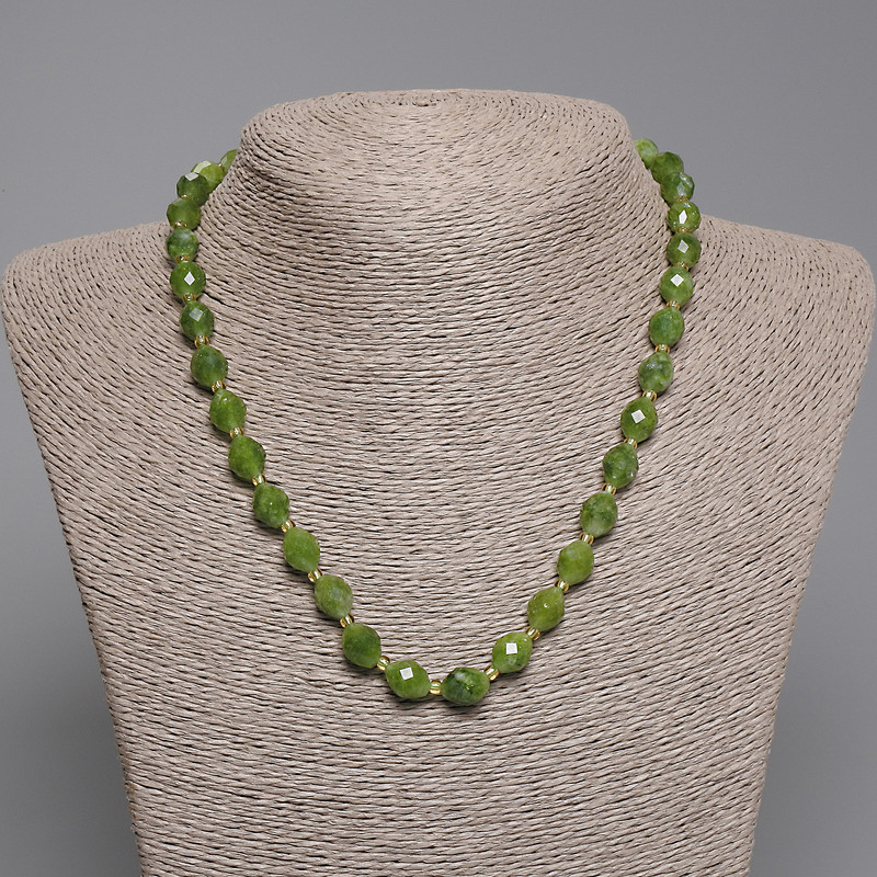 Jadeite Necklace, Faceted Rice Bead, Diameter 10x8mm+/-, Seed Beads 3mm+/-, Length 45cm+/- with Clasp