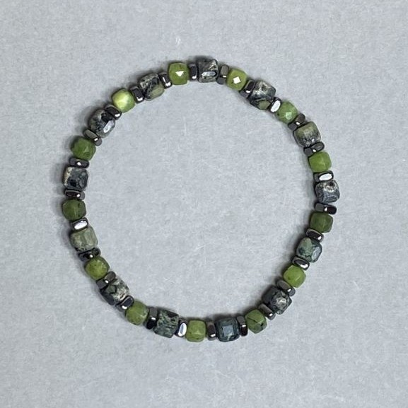 Jadeite Faceted Cube Bracelet 3.5mm+/- Ocean Jasper 5mm+/- Hematite Rondelle 4x2mm+/-, 18cm Length Stretch