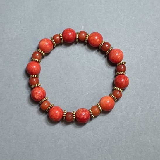 Coral (Imitation) Bracelet Bead 10mm+/- Rondelle 7x5mm+/- with Metal Inserts, 18cm Length Stretch