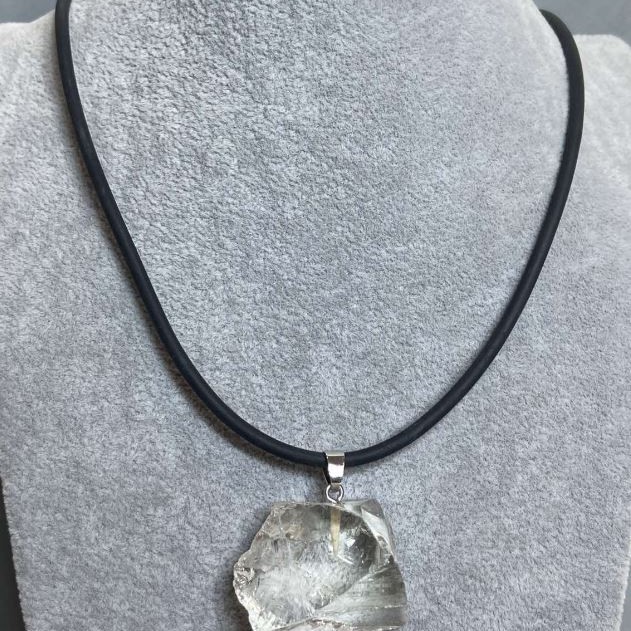 Rock Crystal Pendant, Raw Stone 30x24-30mm(+/-) Assorted Sizes on Rubber Cord, 60cm Length +5cm Chain