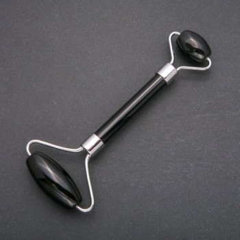 Black Agate Stone Massager, Double-Sided, 14.5cm Length, Silver-Tone Metal