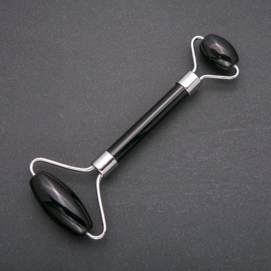 Black Agate Stone Massager, Double-Sided, 14.5cm Length, Silver-Tone Metal