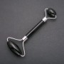 Black Agate Stone Massager, Double-Sided, 14.5cm Length, Silver-Tone Metal