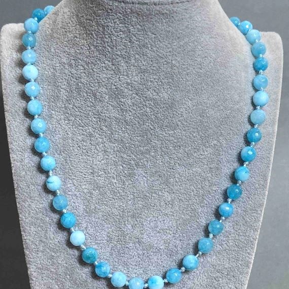 Aquamarine Necklace, faceted beads, diameter 7.5mm+/-, length 50cm+/- with clasp