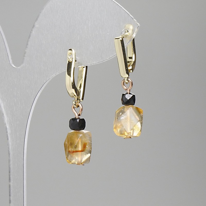 Earrings Citrine polygons 10-12x8mm+/- Tourmaline cube 4mm+/-, length 33mm+