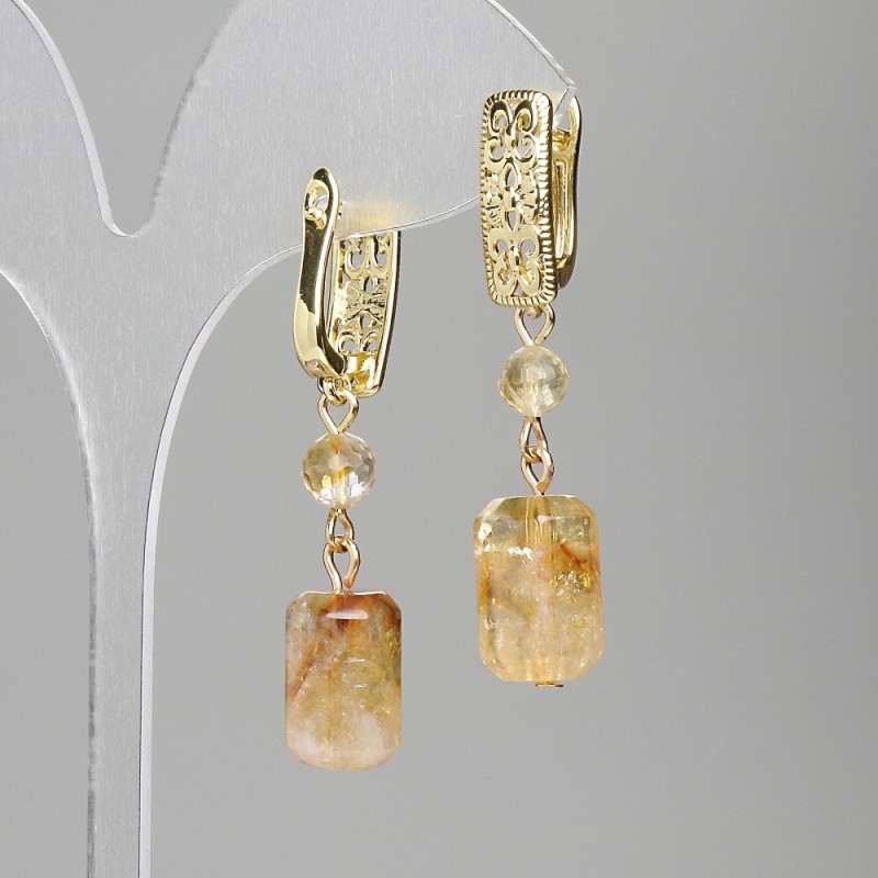 Citrine Earrings, Faceted Cylinder 15x9mm+/- Bead 6mm+/-, Length 46mm+