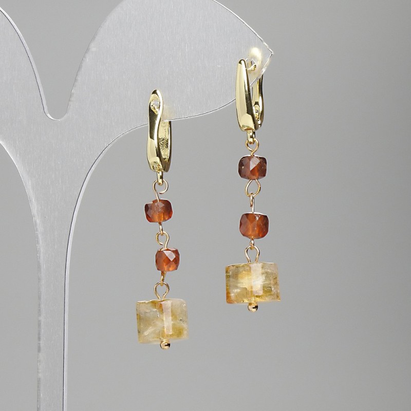 Citrine Earrings, Cylinder 9x6mm+/- Hessonite (Yellow Garnet) Cube 4mm+/-, Length 42mm+