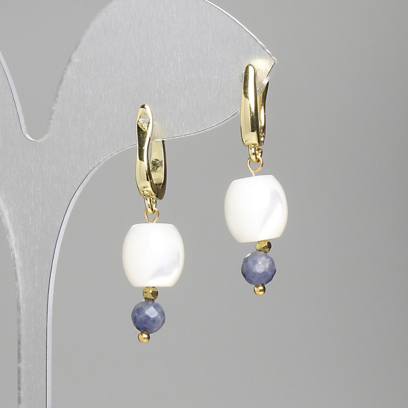Earrings, Mother-of-Pearl Barrel 10x9.5mm+/- Sapphire Faceted Bead 5.5mm+/-, Length 33mm+