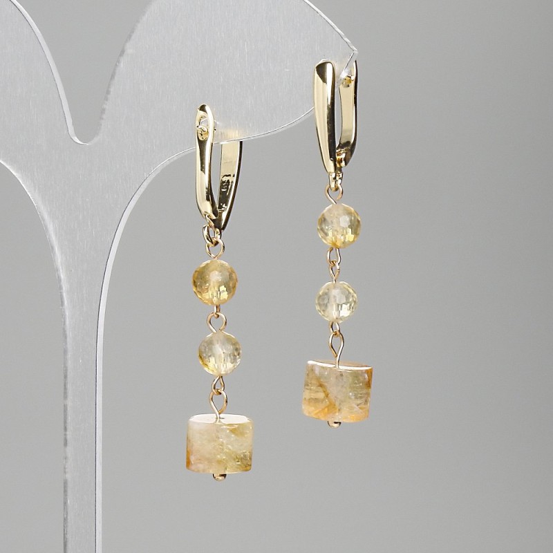 Citrine Earrings, Faceted Bead 6mm+/- Cylinder 9x6mm+/-, Length 46mm+