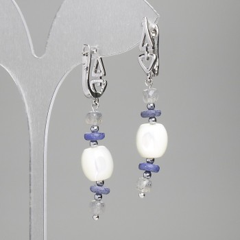 Earrings, Mother-of-Pearl Barrel 10x9.5mm+/- Sodalite Rondelle 6x2mm+/- Labradorite Cube 4mm+/-, Length 52mm+
