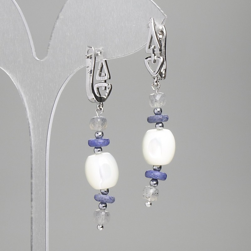 Earrings, Mother-of-Pearl Barrel 10x9.5mm+/- Sodalite Rondelle 6x2mm+/- Labradorite Cube 4mm+/-, Length 52mm+