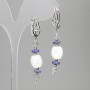 Earrings, Mother-of-Pearl Barrel 10x9.5mm+/- Sodalite Rondelle 6x2mm+/- Labradorite Cube 4mm+/-, Length 52mm+