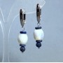 Earrings, Mother-of-Pearl Barrel 10x9.5mm+/- Sodalite Rondelle 6x2mm+/- Sapphire Bead 5mm+/-, Length 41mm+