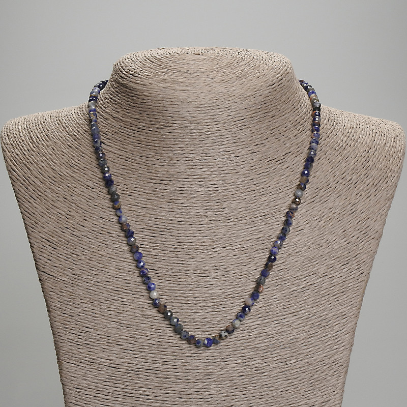 Sodalite Necklace, Faceted Round Bead, Diameter 4mm+-, Length 45mm+- with Clasp
