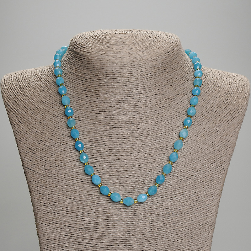Aquamarine Necklace, Faceted Grain, Diameter 8x6mm+-, Seed Beads 3mm+-, Length 45mm+- with Clasp