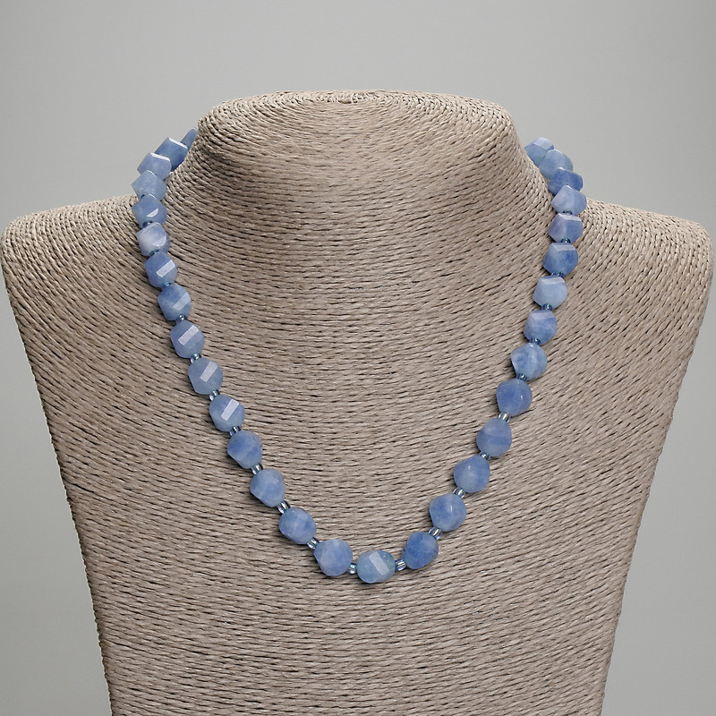 Aquamarine Necklace, Faceted Rhombus, Diameter 10x8.5mm+-, Seed Beads 3mm+-, Length 45mm+- with Clasp