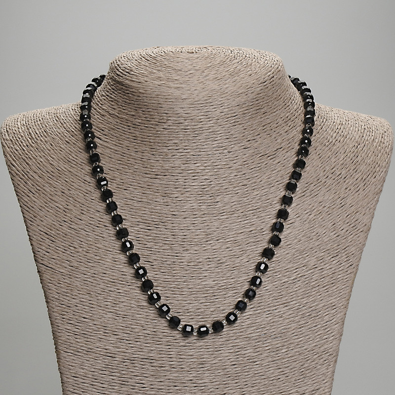 Black Tourmaline Necklace, Faceted Cube, Diameter 5x5mm+-, Seed Beads 3mm+-, Length 45mm+- with Clasp