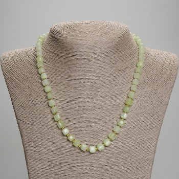 Chrysolite Olivine Necklace, faceted cube, diameter 6.5x6.5mm+/-, seed beads 3mm+/-, length 45mm+/- with clasp