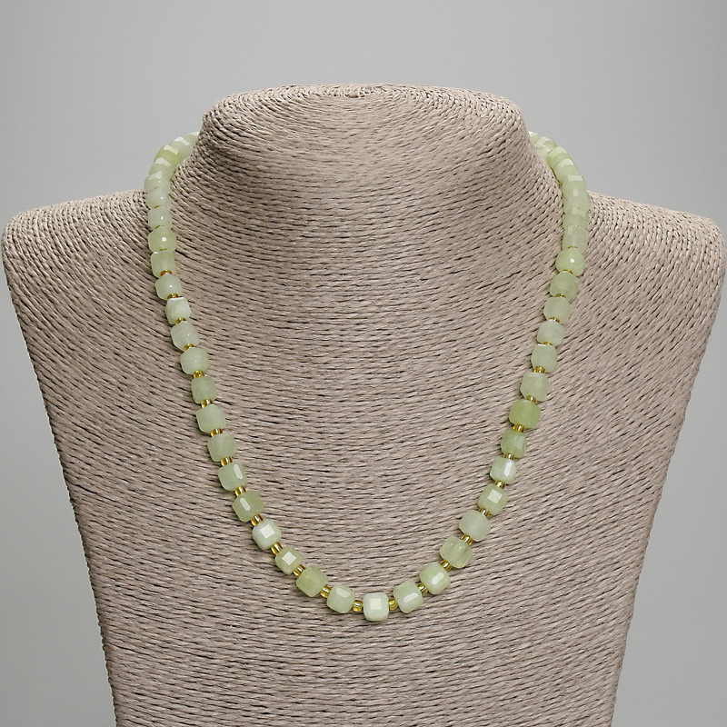 Chrysolite Olivine Necklace, faceted cube, diameter 6.5x6.5mm+/-, seed beads 3mm+/-, length 45mm+/- with clasp