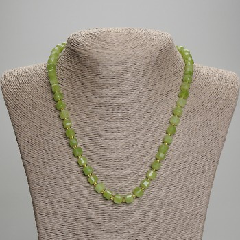 Chrysolite Olivine Necklace, faceted cube, diameter 6x6mm+/-, seed beads 3mm+/-, length 45mm+/- with clasp