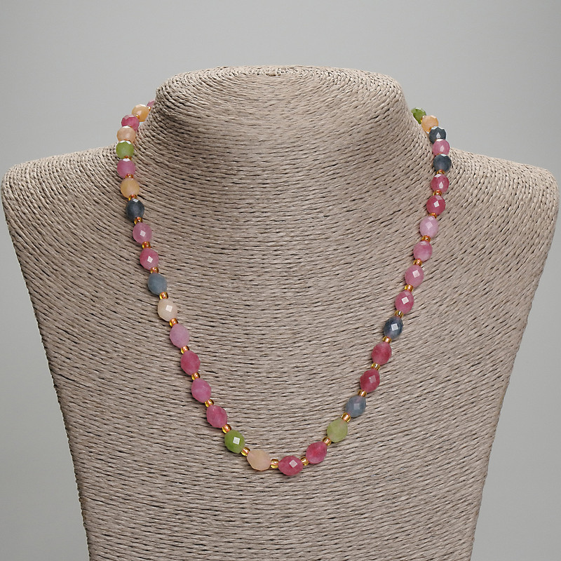 Necklace Tourmaline faceted rice bead, diameter 8x6.5mm+/- seed beads 3mm+/-, length 45mm+/- with clasp