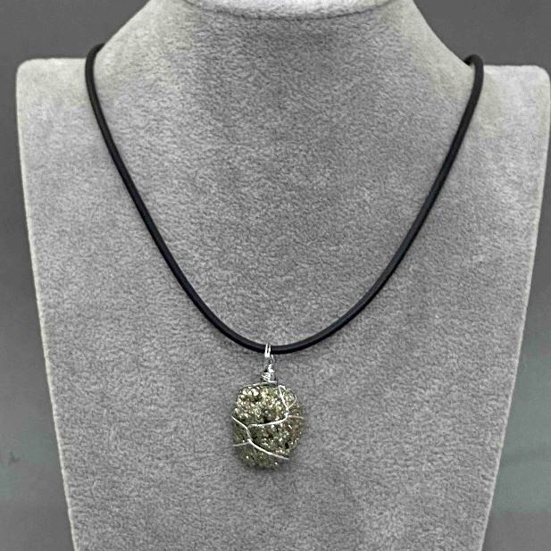 Raw Pyrite Pendant in Wire Wrap, Assorted Diameter 25x12x37-20x15x30mm+/- on Cord, Length 50cm+5cm+/- Chain