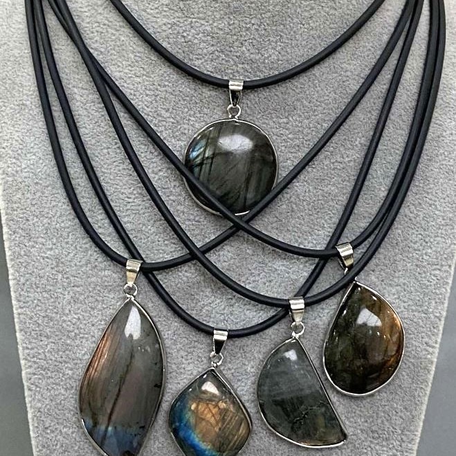 Labradorite Pendant in Setting, Assorted Diameter 30x52x10-44x25x8mm+/- on Cord, Length 50cm+5cm+/- Chain