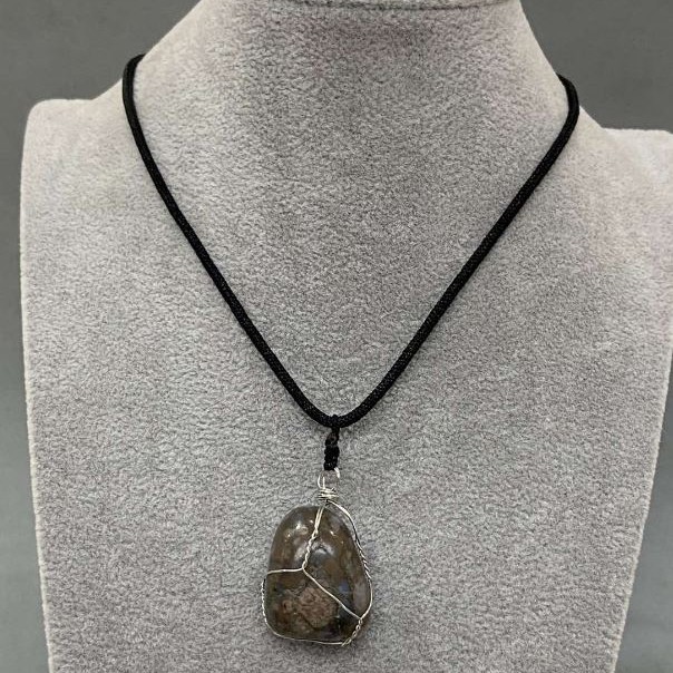 Pendant in Silver-Tone Wire Wrap with Natural Jasper, Diameter 35x20mm+/- on Cord, Diameter 2.5mm+/-, Length 50cm+