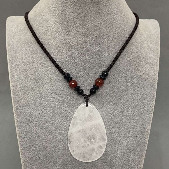 Teardrop White Quartz Pendant 55x35mm (+/-) on Cord with Carnelian Bead, Length 65cm+