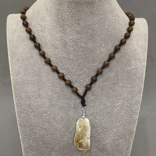 Raw Citrine Wire-Wrapped Pendant 38x47x17mm+/- on Cord with Beads, Length 60cm+