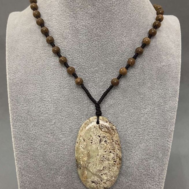 Pendant Natural Stone Picasso Jasper 31x51(+/-)mm on Cord with Beads, Length 60cm+