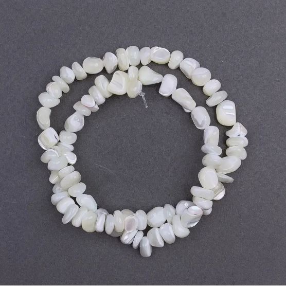 Beads Mother-of-Pearl Tumbled, Diameter 8x6mm+/-, Length 41mm+/- on Fishing Line