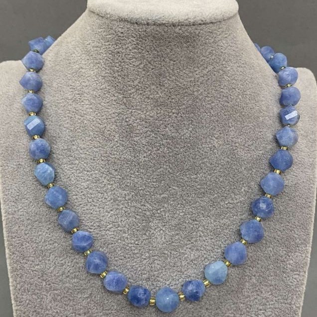 Necklace Aquamarine Faceted Rhombus, Diameter 9x8mm+/-, Length 45cm+/- with Clasp