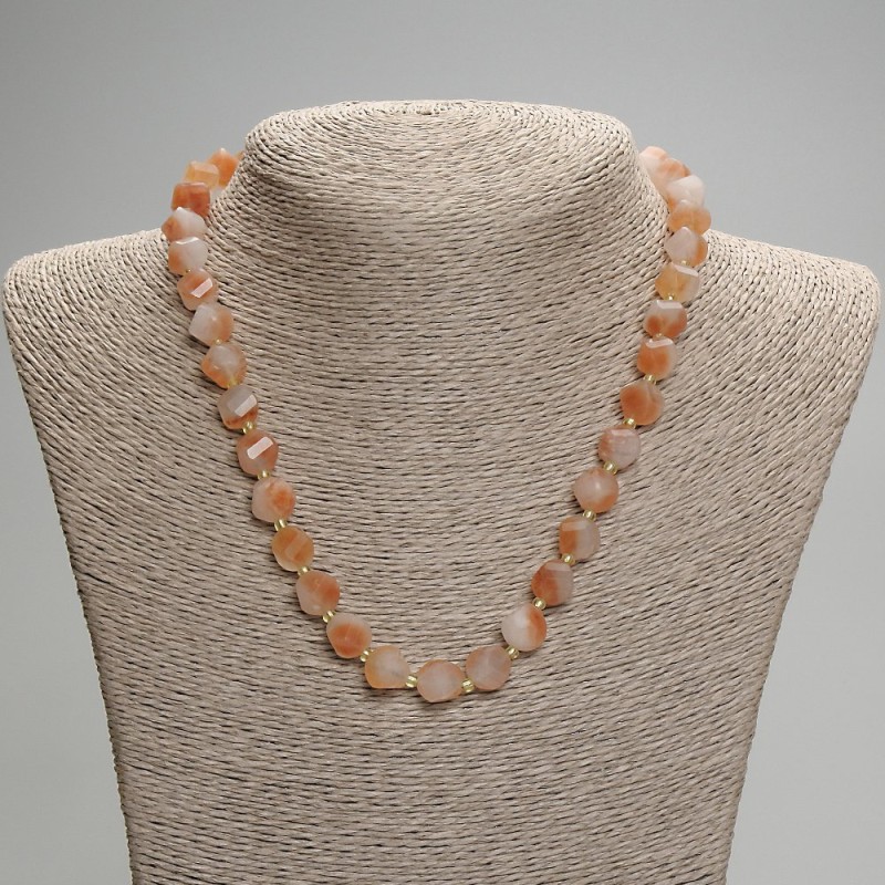 Carnelian Necklace, Faceted Rhombus, diameter 10x9mm+/- seed beads 3mm+/-, length 45cm+/- with clasp