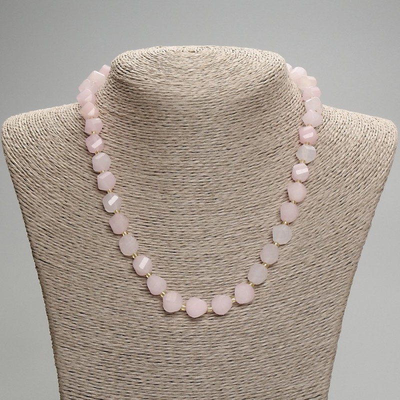 Rose Quartz Necklace, Faceted Rhombus, diameter 10x9mm+/- seed beads 3cm+/-, length 45mm+/- with clasp