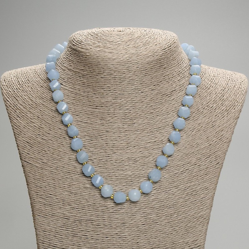 Aquamarine Necklace, Faceted Rhombus, diameter 10x9mm+/- seed beads 3mm+/-, length 45cm+/- with clasp