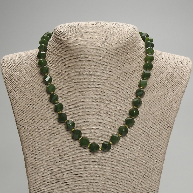 Chrysoprase Necklace, Faceted Rhombus, diameter 10x9mm+/- seed beads 3mm+/-, length 45cm+/- with clasp