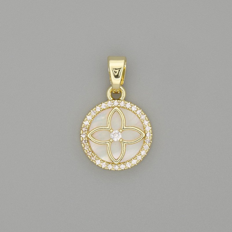 Mother-of-Pearl Clover Pendant in a Rhinestone Circle, Gold-Tone Metal, 20x13mm+