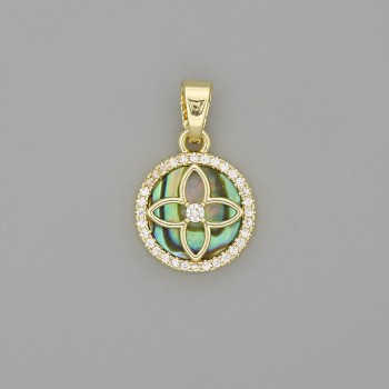 Abalone Clover Pendant in a Rhinestone Circle, Gold-Tone Metal, 20x13mm+