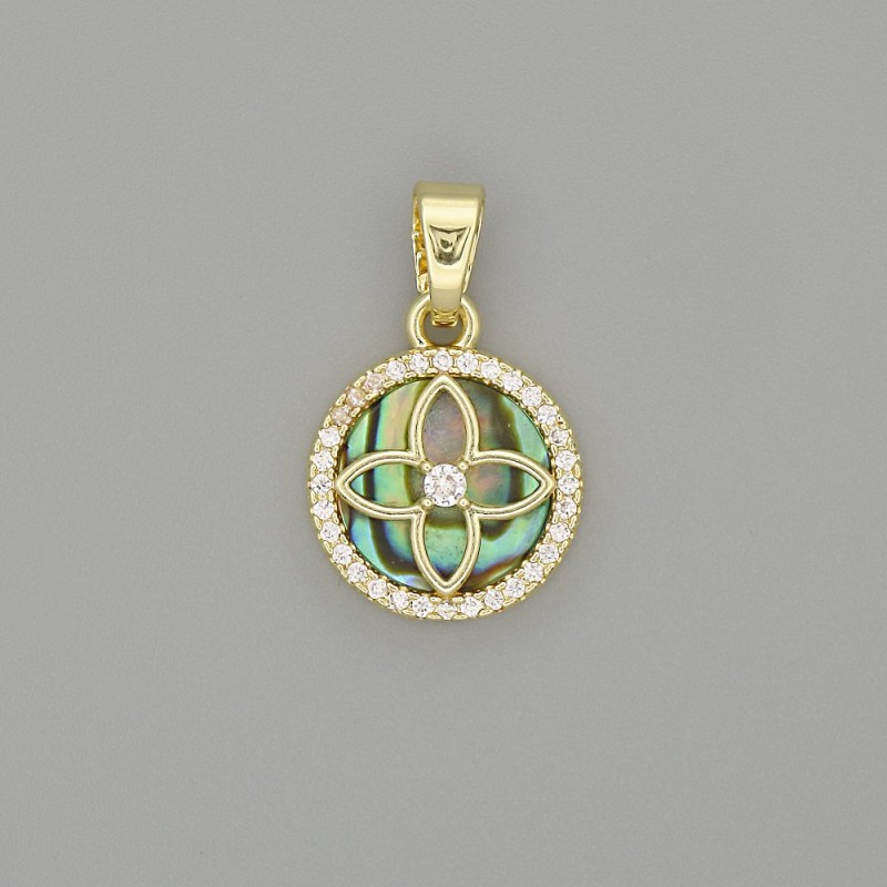 Abalone Clover Pendant in a Rhinestone Circle, Gold-Tone Metal, 20x13mm+