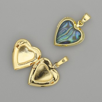 Abalone Heart Pendant, Gold-Tone Metal, 26x17mm+/-, for Photo Storage