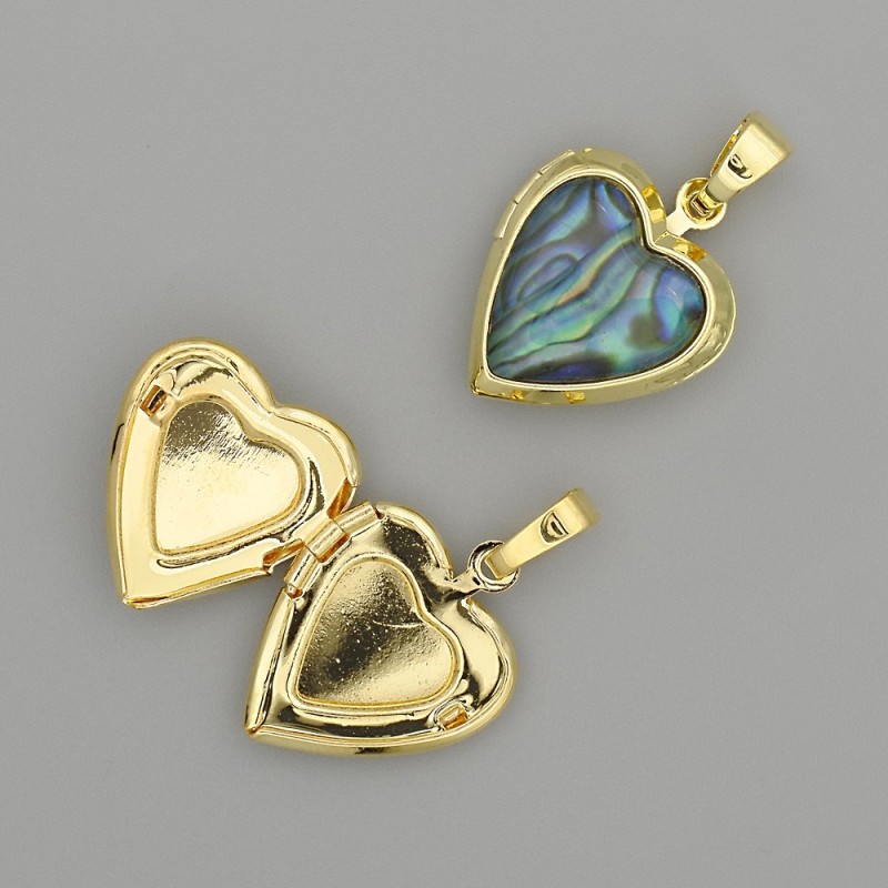 Abalone Heart Pendant, Gold-Tone Metal, 26x17mm+/-, for Photo Storage