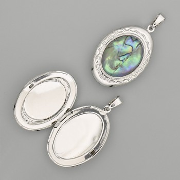 Abalone (Halotis) Oval Pendant in Silver Tone Metal 45x25mm± for Photo Storage