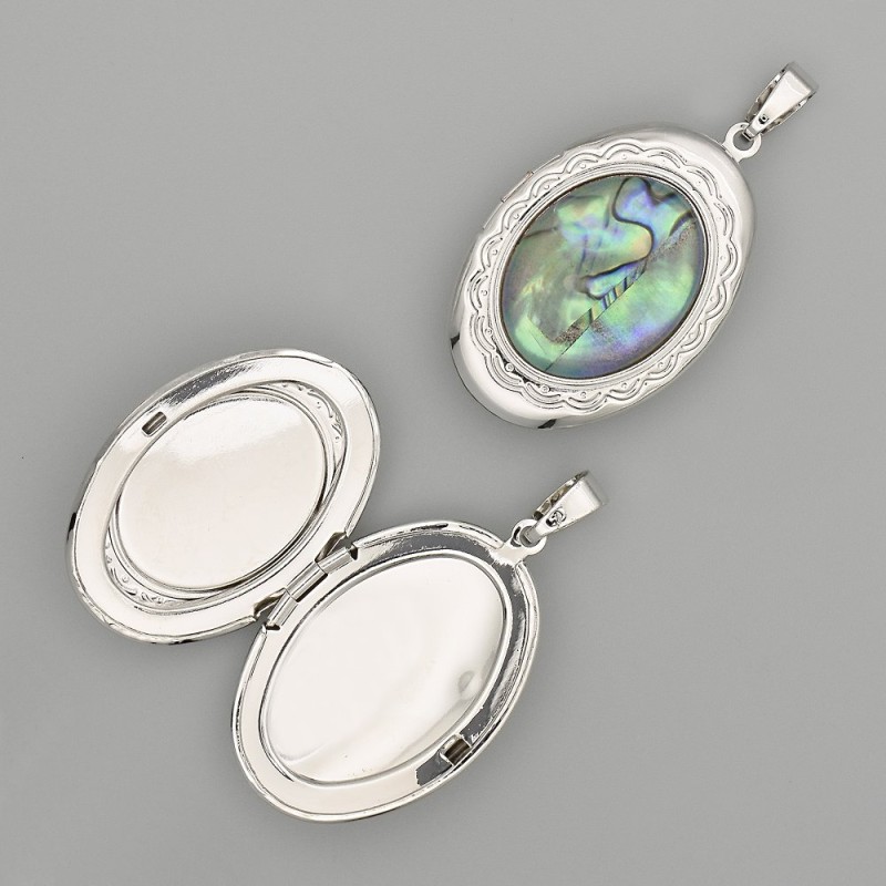 Abalone (Halotis) Oval Pendant in Silver Tone Metal 45x25mm± for Photo Storage
