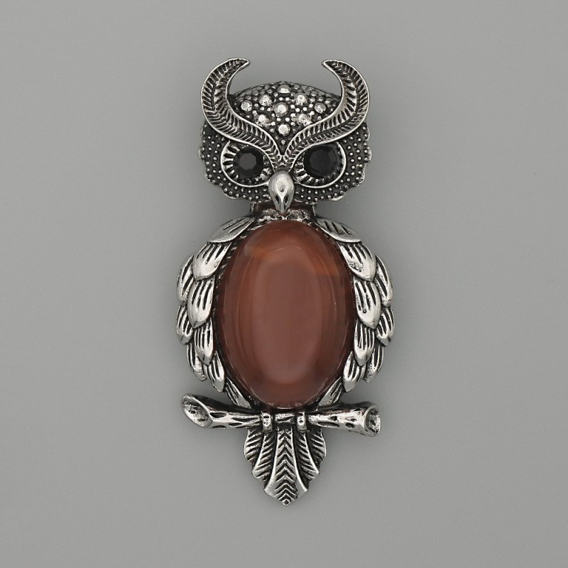 Brooch Pendant Owl Carnelian 60x29mm+- black rhinestones silver-tone metal