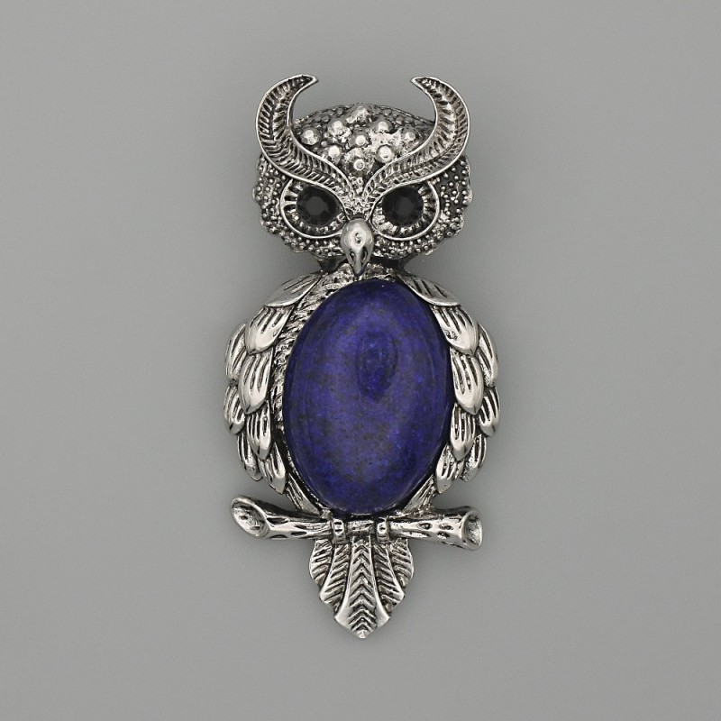 Brooch Pendant Owl Lapis Lazuli 60x29mm+- black rhinestones silver-tone metal