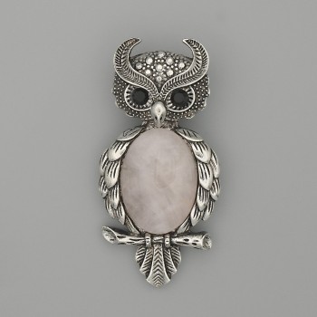 Brooch Pendant Owl Rose Quartz 60x29mm+- black rhinestones silver-tone metal
