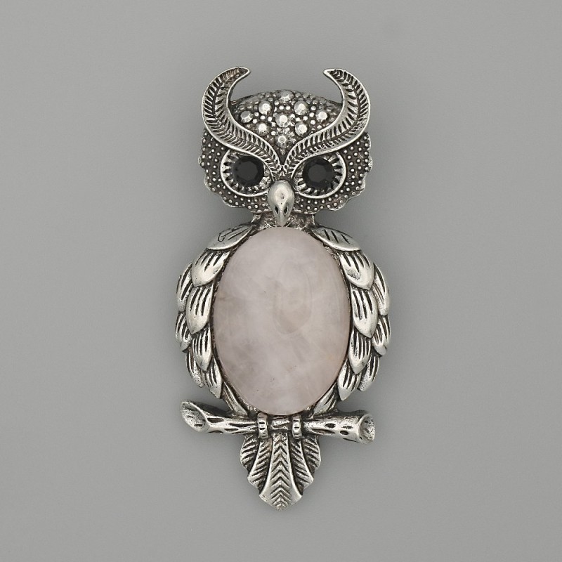 Brooch Pendant Owl Rose Quartz 60x29mm+- black rhinestones silver-tone metal